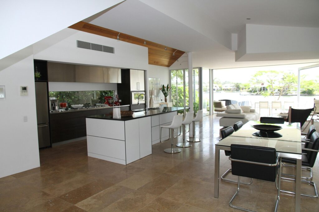 Open-plan kitchen and living space with garden views