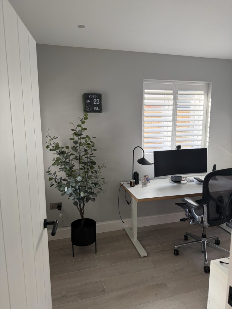 Refurbished home office with plantation shutters