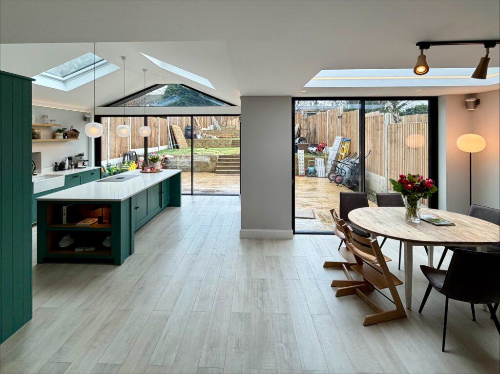 Rear kitchen extension with vaulted ceiling and sliding doors to the garden